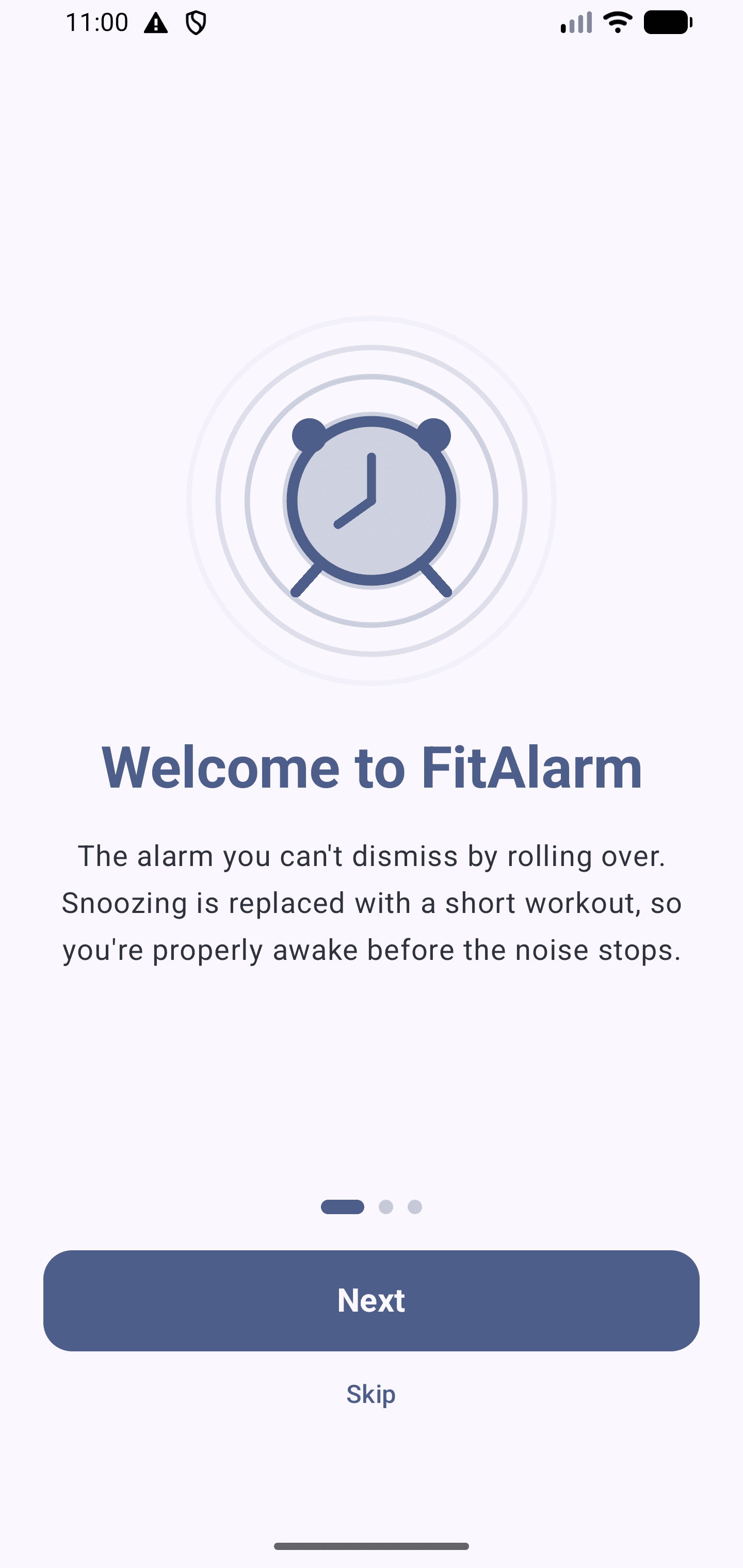 FitAlarm onboarding welcome screen