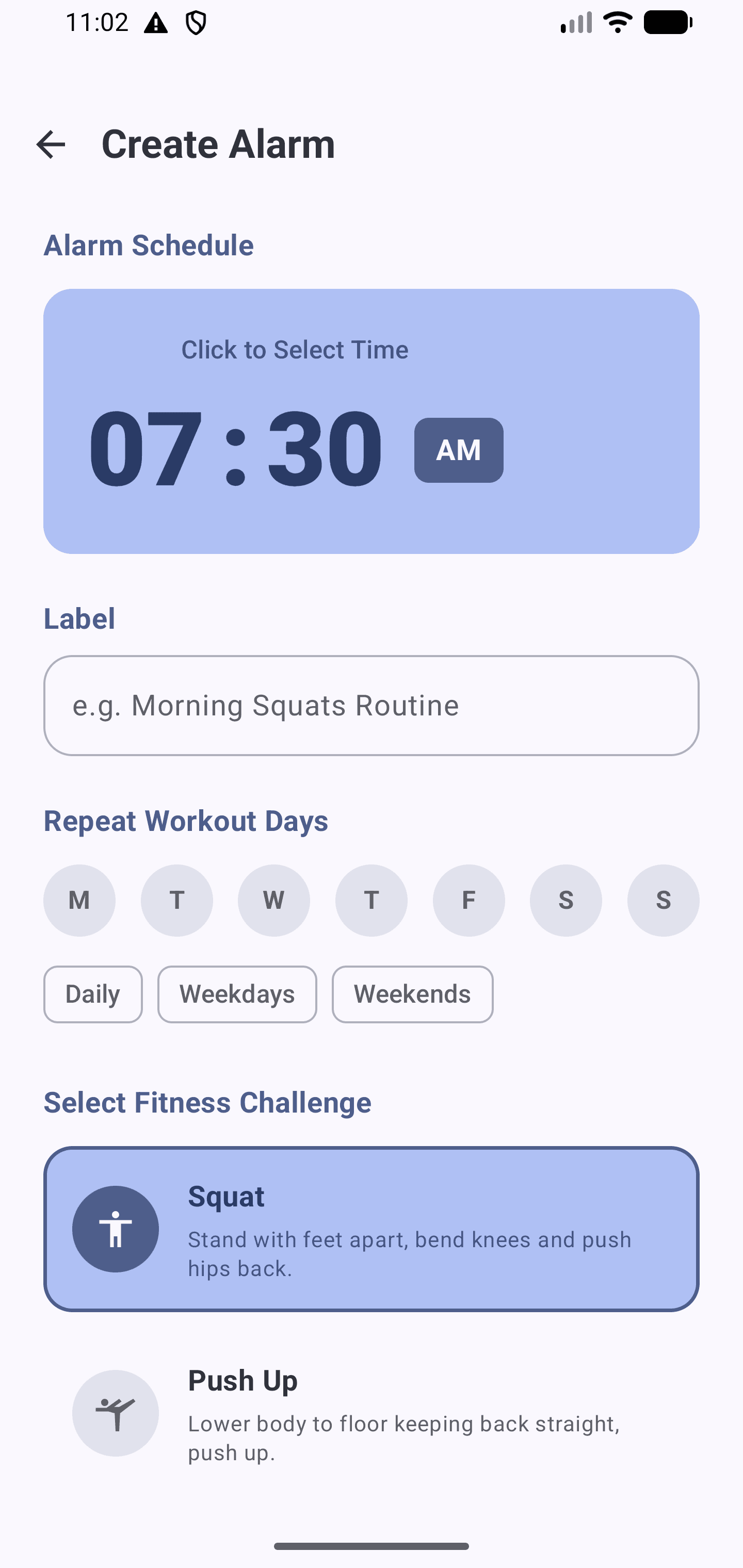 Creating a new workout alarm